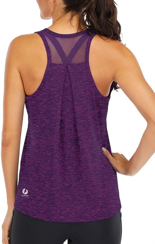 ICTIVE Workout Tops for Women Loose Fit Racerback Mesh Backless Muscle Tank Running Shirts - Product Image