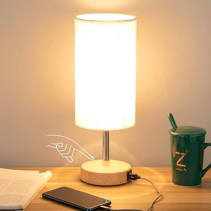 Yarra-Decor Bedside Table Lamp with USB Ports - Touch Control for Bedroom 3 Way Dimmable Nightstand Lamp with Round Fabric Shade for Living Room, Dorm, Home Office, Corded Electric, Without Battery - Product Image