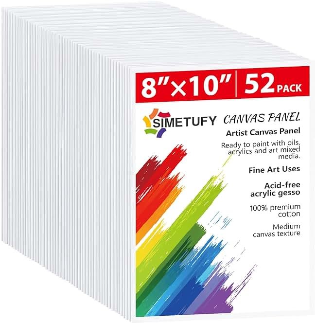 Simetufy Canvas Boards for Painting 52 Pack 8 x 10 Inch Blank Flat Canvas Panels 100% Cotton Pre-Primed for Acrylic & Oil Paint, Art Supplies for Kids & Adults - Product Image