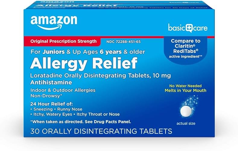 Amazon Basic Care 24-Hour Children Allergy Medicine, Loratadine Orally Disintegrating Tablets, 10 mg, Antihistamine, Non-Drowsy, Indoor & Outdoor Allergies, Ages 6+, 30 Count - Product Image
