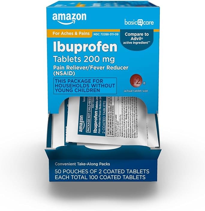 Amazon Basic Care Ibuprofen Tablets, 200 mg, Pain Reliever and Fever Reducer, For Headache, Muscular Aches, Arthritis, Backache, Menstrual Pain, 100 Count (Pack of 1) - Product Image