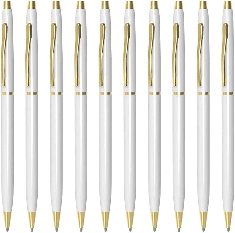 Cambond Slim Ballpoint Pens Bulk - Black Ink 1.0mm Medium Point Retractable Metal Pen for Police Uniform, Flight Attendant & Office, 10 Pack (White) - Product Image