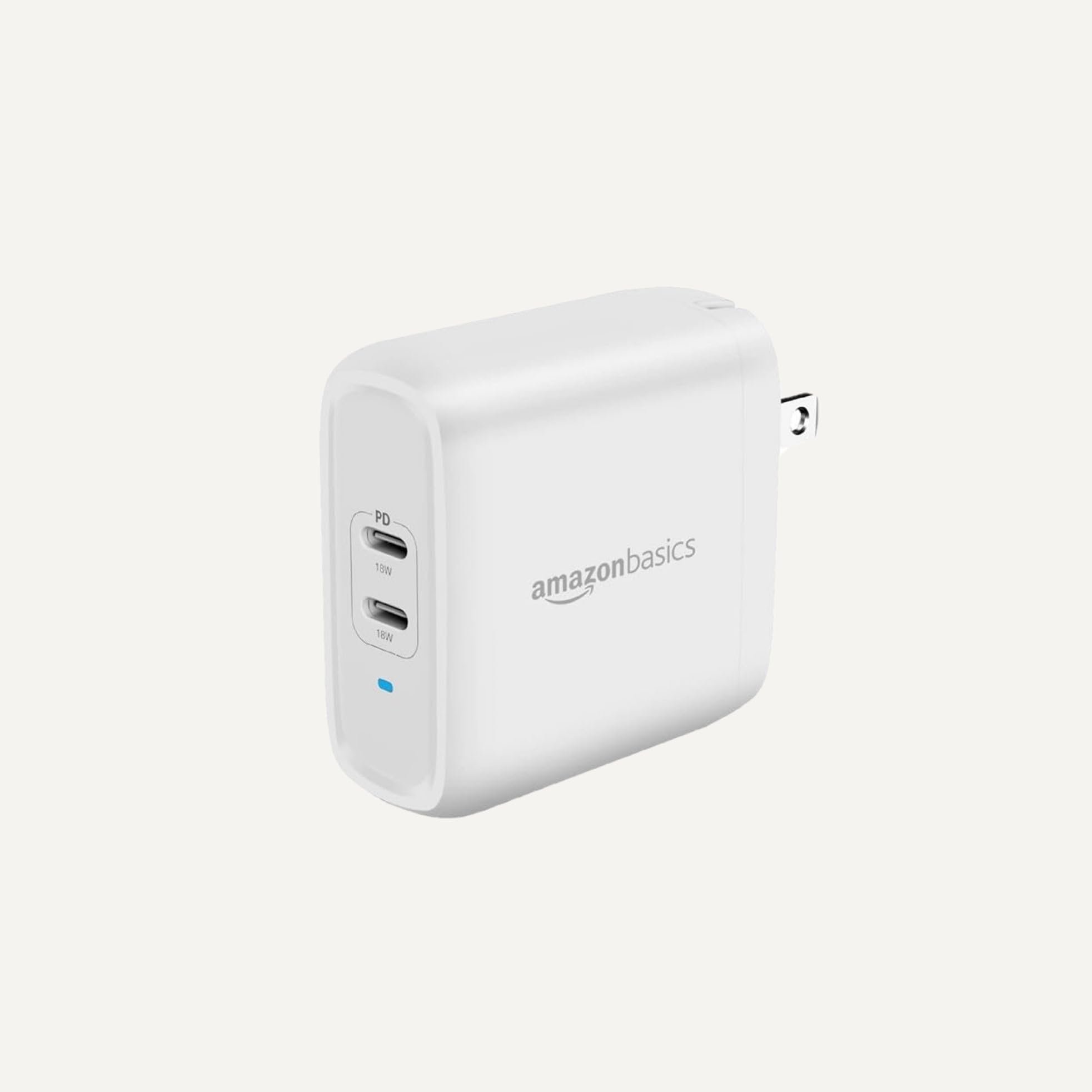 Amazon Basics 36W Dual Port USB-C Wall Charger with Power Delivery, Foldable Plug, for Tablets and Phones, Apple Watch, White, 2.34 x 1.09 x 2.21 in (PD36U-2TNB) - Product Image