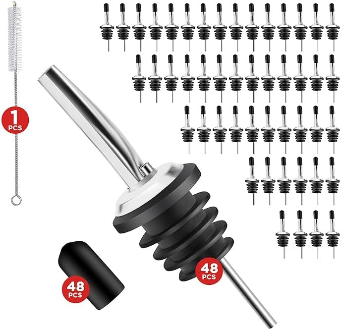 48 Pack Stainless Steel Bottle Pourers for Alcohol, Liquor, and Wine - Bar Accessories, Spouts for Bottles and Dispensers - Product Image