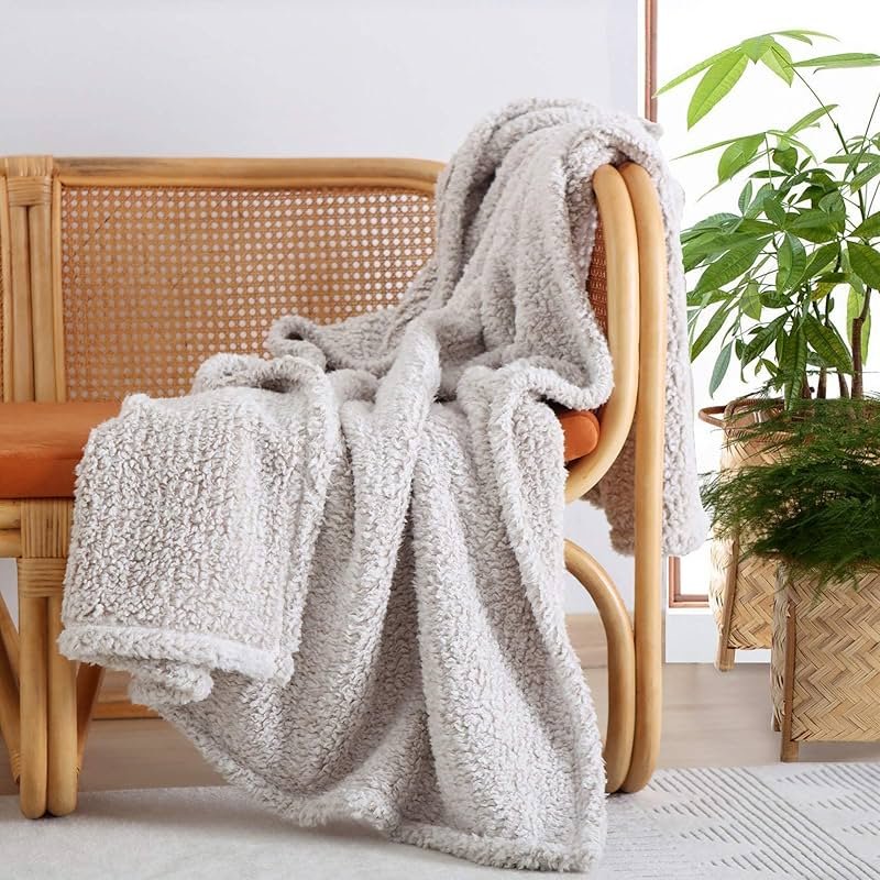 Ultra Soft Cozy Sherpa Throw Blanket, 2 Tones Ombre Light Brown Pattern Reversible, Light Weight Warm Decorative Boho Style Throw Blanket Cover for Sofa, Couch, Bedroom,Travel, 50”x60” - Product Image