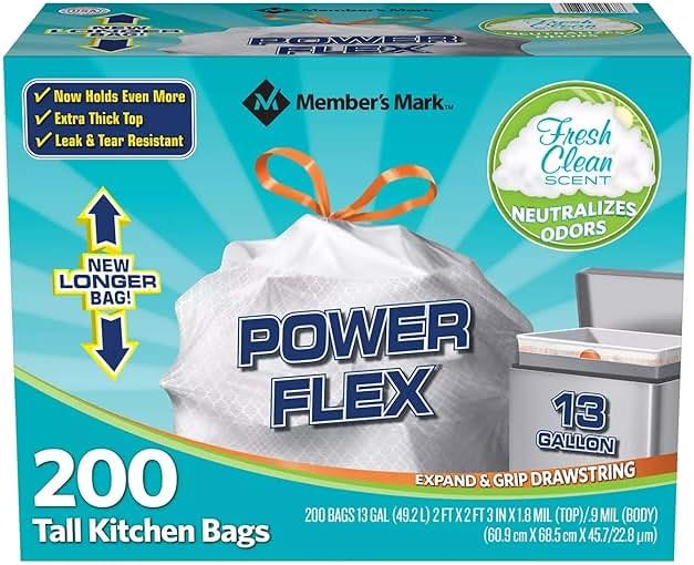 Member's Mark Power Flex Tall Kitchen Drawstring Trash Bags (13 Gallon, 2 Rolls of 100 ct., 200 count total) - Product Image