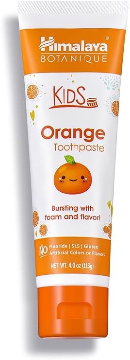 Himalaya Botanique Kids Toothpaste, Herbal, Orange Flavor, Fights Plaque, Fluoride-Free, Gentle, No Artificial Flavors or Colors, SLS Free, Gluten Free, Cruelty Free, Vegan, Foaming, 4 Oz, 1 Pack - Product Image