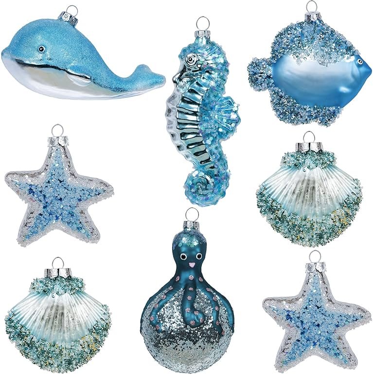 Valery Madelyn Glass Christmas Ornaments Set, 8ct Light Blue and Silver Blown Glass Christmas Tree Decorations, Summer Beach Coastal Ocean Nautical Marine Xmas Hanging Finial Balls Bulk Holiday Decor - Product Image