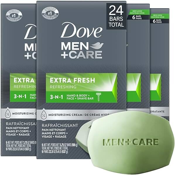 Dove Men+Care Soap Bar, Extra Fresh Scent 4-Pack (24 Bars) – Hydrating 3-in-1 Body, Hand, and Face Cleanser for Men, 22.5 Oz Ea - Product Image
