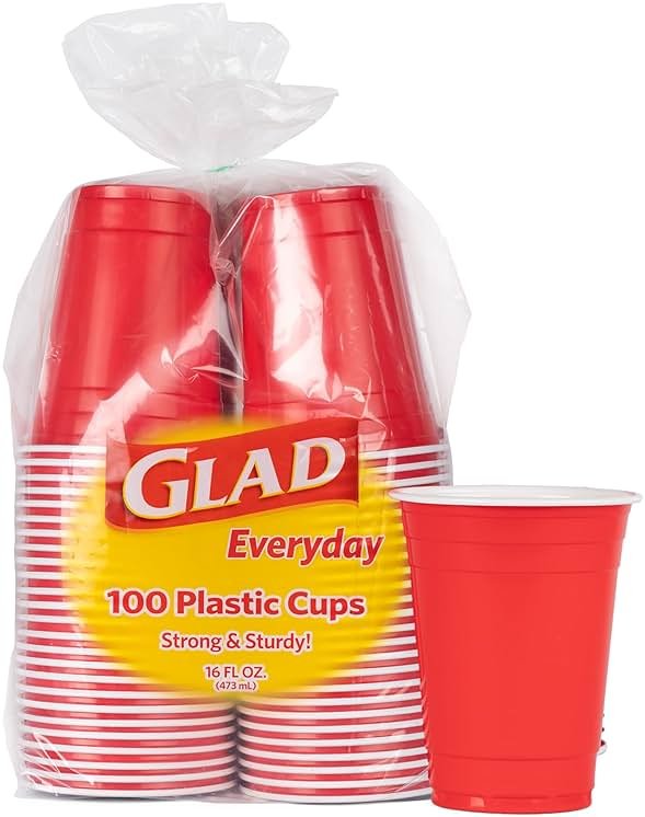 Glad Everyday Disposable Plastic Cups - Red Plastic Party Cups for All Occasions - Strong Plastic Drinking Cups for Parties, Holiday, Graduation, and Thanksgiving - 16oz 100 Pack Heavy Duty Solo Cups - Product Image