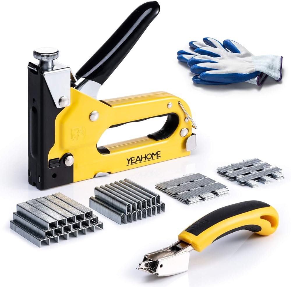 Upholstery 4 in 1 Staple Gun Heavy Duty, with 6000 Staples, Remover, Gloves, Manual Brad Nailer Power Adjustment Stapler Gun for Wood, Upholstery, Carpentry, Decoration DIY Staple Gun - Product Image