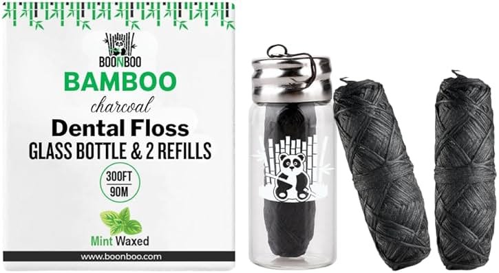 BOONBOO Dental Floss, Bamboo Charcoal Woven Threads, Refillable Glass Bottle, 3 Pieces, Mint - Product Image