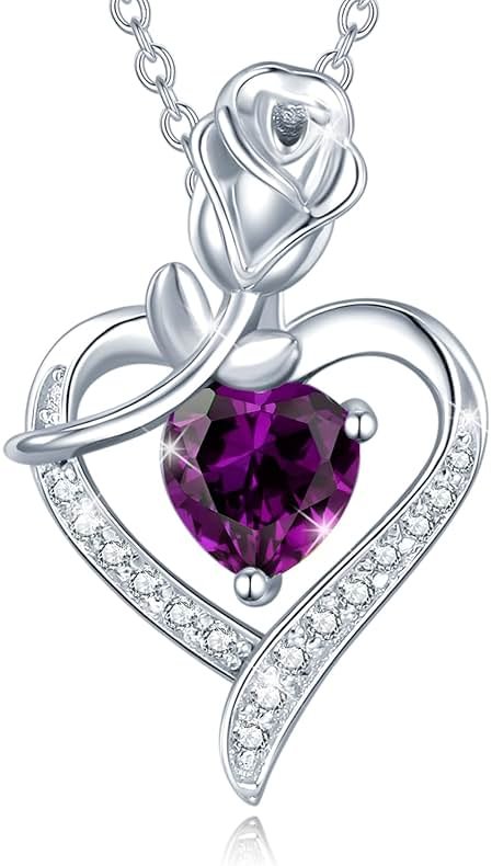 AGVANA Rosy Reverie Birthstone Necklace for Women Sterling Silver Genuine or Created Gemstone Rose Flower Heart Pendant Necklace Anniversary Birthday Gifts for Women Mom Wife Her - Product Image