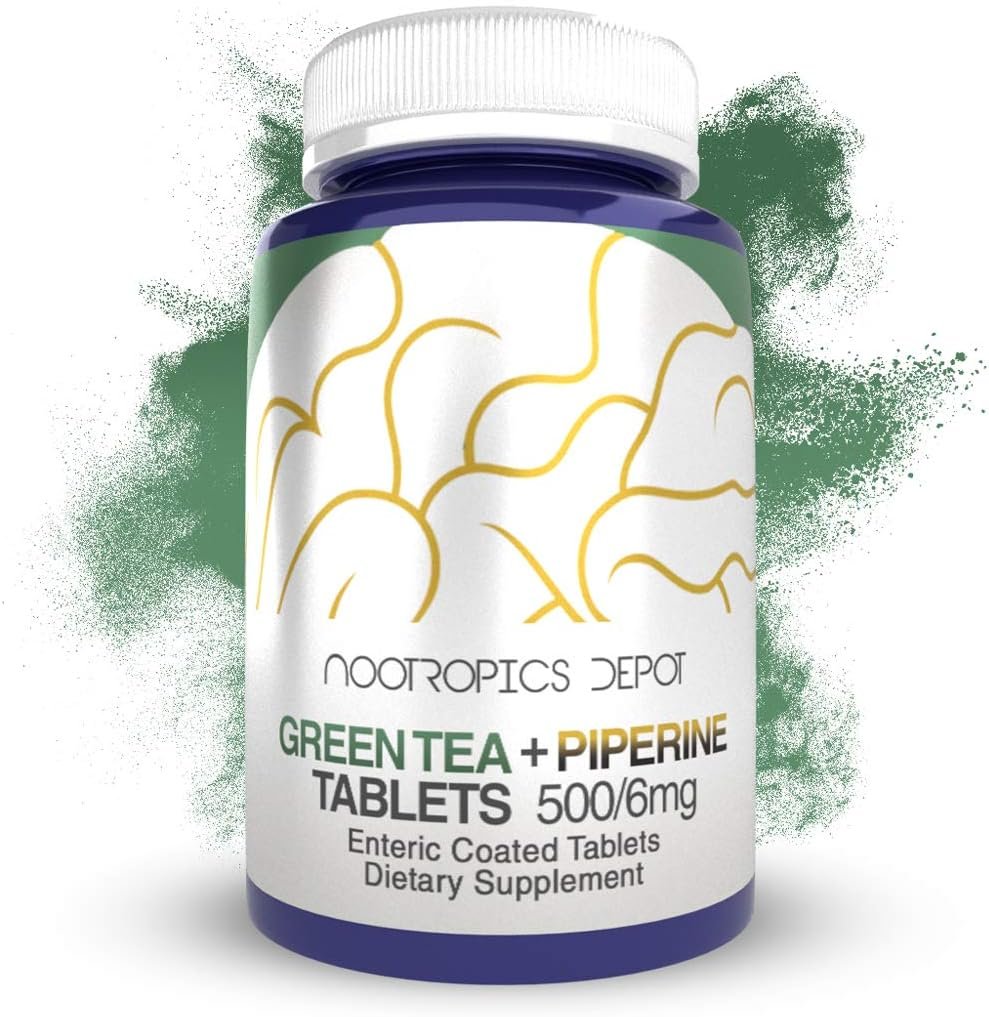 Nootropics Depot Green Tea Extract Tablets | 60 Count | 500mg | Minimum 45% EGCG + 6mg Piperine | Enteric Coated - Product Image