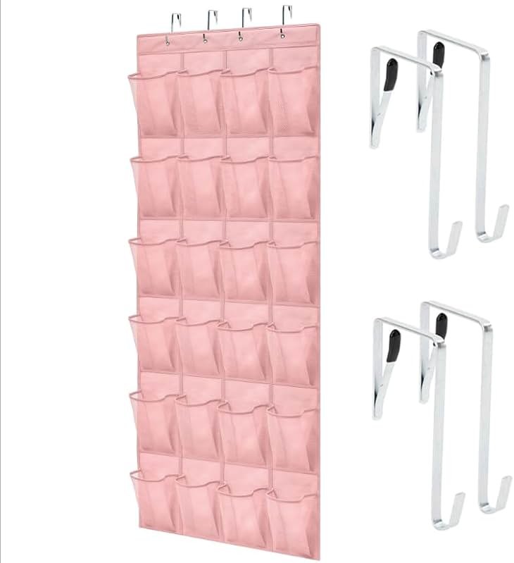 GORILLA GRIP Over the Door Shoe Organizer, 24 Large Breathable Mesh Pockets, Space Saving Hanging Storage Holder, Closet Rack Hanger Holds Up to 40 lbs, Hangs on Closets for Shoes, Accessories, Pink - Product Image