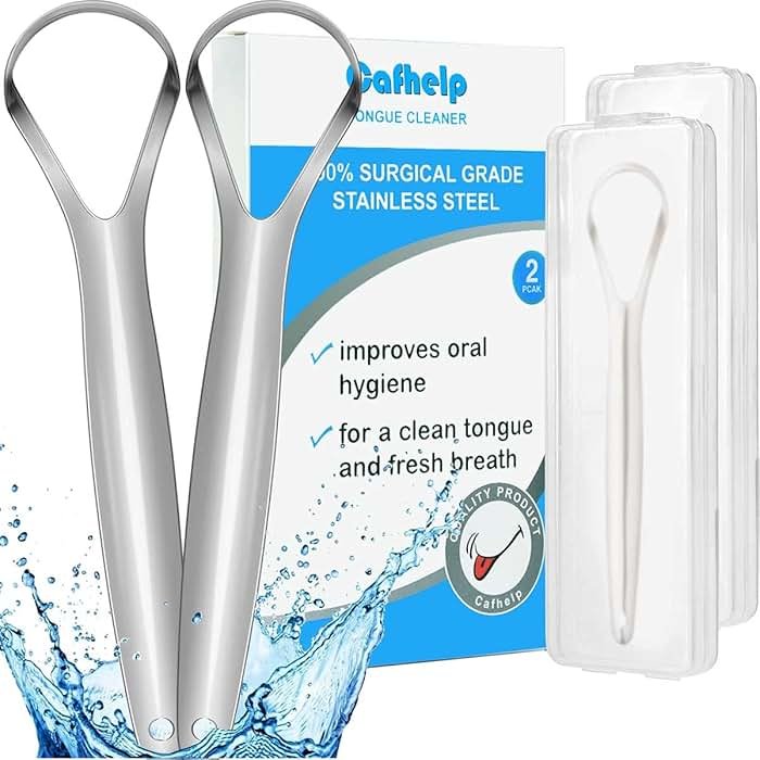 Cafhelp 2-Pack Tongue Scraper, 100% 304 Surgical Stainless Steel Tongue Cleaner for Both Adults and Kids, Professional Reduce Bad Breath Metal Tongue Scrapers, Help Your Oral Hygiene (with 2 cases) - Product Image
