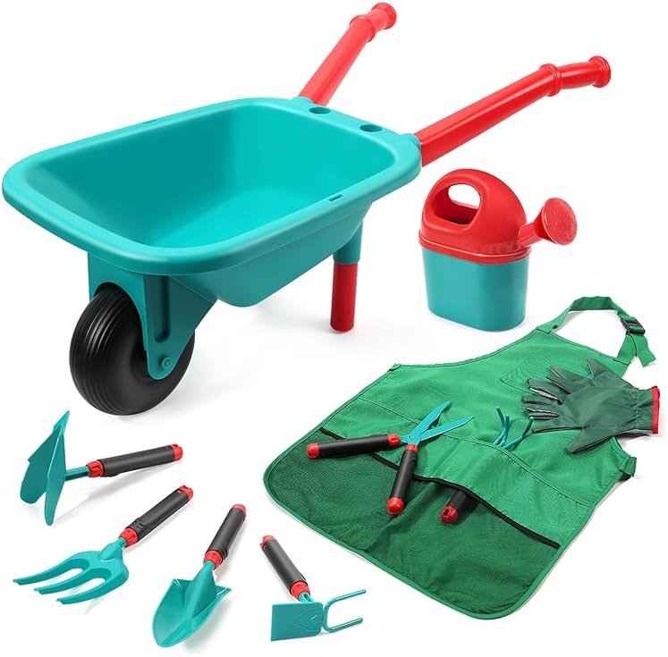 CUTE STONE Kids Gardening Tool Set, Garden Toys with Wheelbarrow, Watering Can, Gardening Gloves, Hand Rake, Shovel, Trowel, Double Hoe, Apron with Pockets, Outdoor Indoor Toys Gift for Boys Girls - Product Image