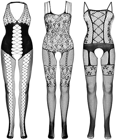 Fengek 3 Packs Women Fishnet Bodysuits, Stockings Sleepwear Lingerie for Couple Dating Nightwear, Black - Product Image
