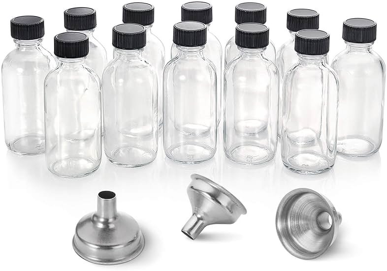 AOZITA 12 Pack, 2 oz Small Clear Glass Bottles w/Lid & 3 Funnels - 60ml Boston Shot Bottles for Health, Immunity, Potion, Wellness, Sample, Ginger, Juice - Mini Personal Care & Beauty Travel Bottle - Product Image