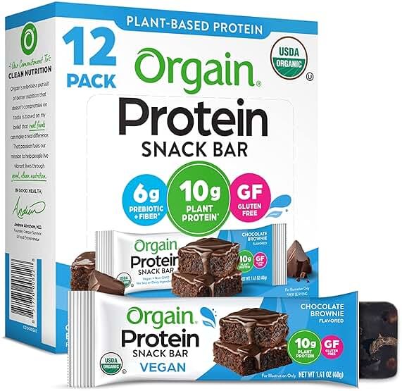 Orgain Organic Vegan Protein Bars, Chocolate Brownie - 10g Plant Based Protein, Low Calorie Healthy Snacks, No Lactose or Soy Ingredients, Gluten Free, Non-GMO - 1.41 Oz (Pack of 12) - Product Image