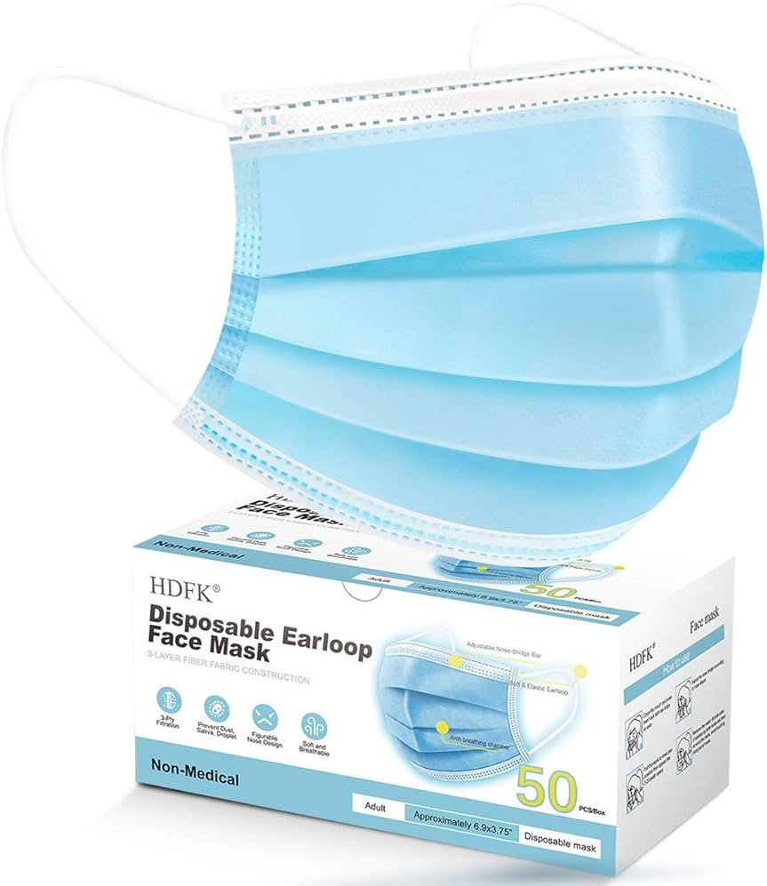 HDFK Face Mask Disposable Adults 3Ply Non-Woven with Nose Clip Ear Loop Blue 50Pack - Product Image