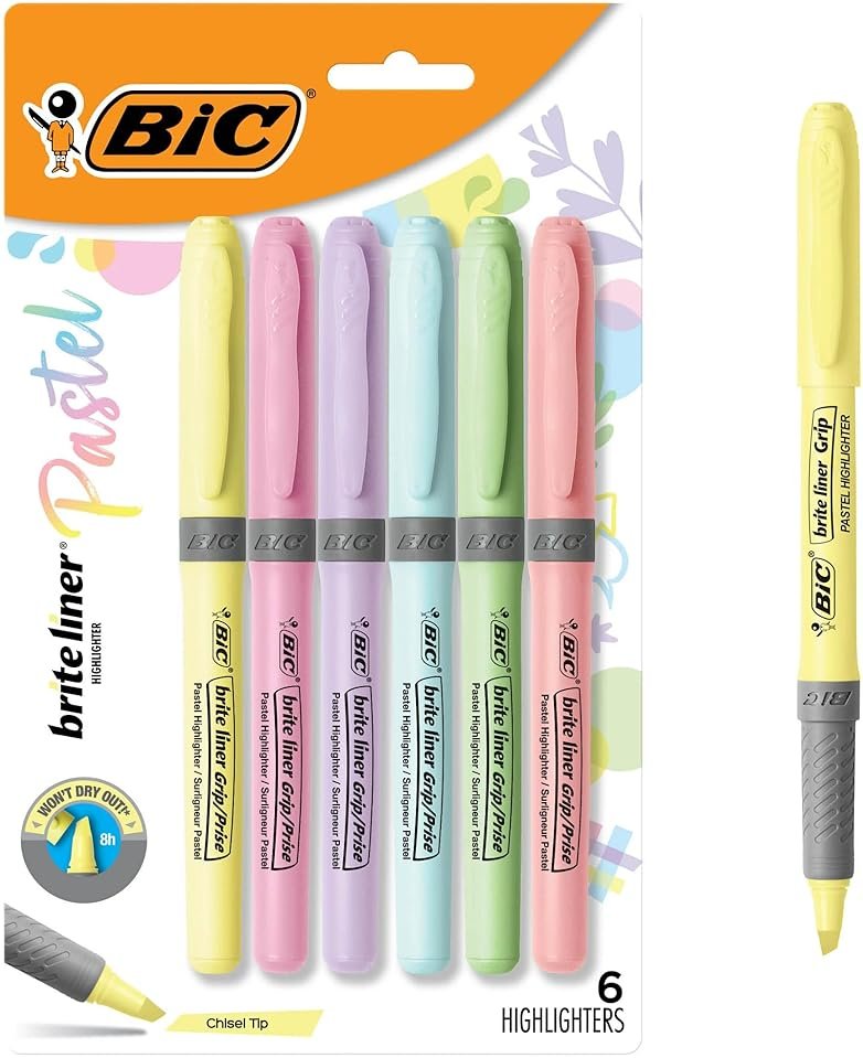BIC Brite Liner Grip Pastel Highlighter Set, Chisel Tip, 6-Count Pack of Pastel Highlighters in Assorted Colors, Cute Highlighters for Bullet Journaling, Note Taking and More - Product Image