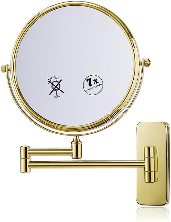 Nicesail Makeup Mirror, Wall Mounted 7X Magnifying Mirror Vanity Mirror for Bathroom, Extendable Swivel, Brass and 304 Stainless Steel Material for Hotel or Home, Shiny Gold Finish (8 Inch, 7X) - Product Image