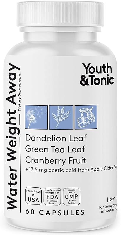 Youth & Tonic Water Pills for Fluid Retention – Water Weight Away Natural Diuretic for Bloat Relief & Fluid Balance, Support for Swollen Legs & Feet with Potassium & Vitamin B6 – 60 Pills - Product Image