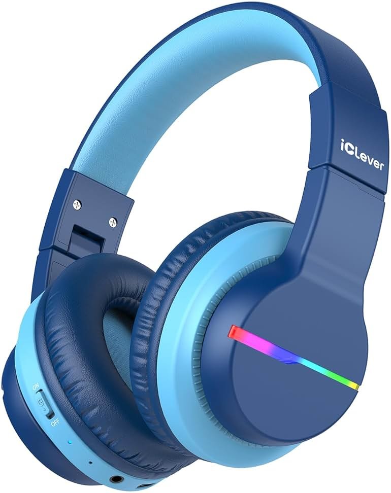 iClever BTH12 Kids Bluetooth Headphones,Colorful LED Lights Kids Headphones Wireless,74/85dBA Safe Volume,85H Playtime,Fast Charging,Bluetooth 5.2,Over Ear,Built-in Mic for iPad/Tablet/Airplane,Blue - Product Image