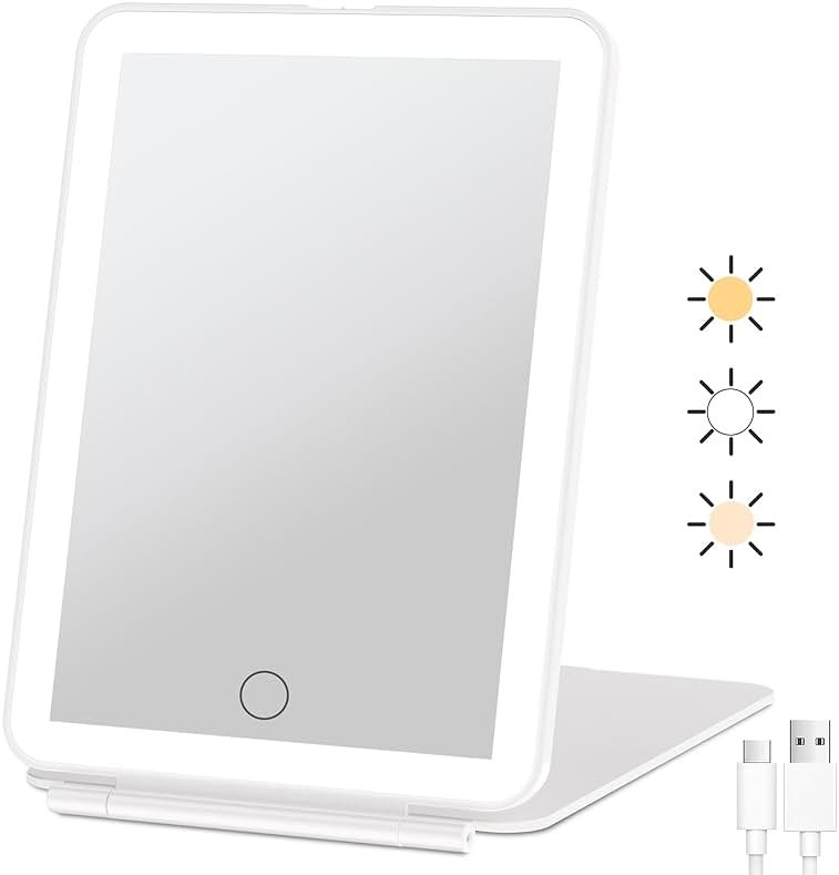 FUNTOUCH Rechargeable Travel Makeup Mirror with 72 Led Lights, Portable Lighted Beauty Mirror, 3 Color Lighting, Dimmable Touch Screen, Tabletop LED Folding Cosmetic Vanity Mirror - Product Image