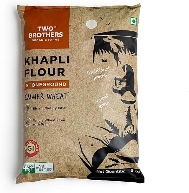 Two Brothers Organic Farms - Khapli Wheat Flour (5kg) | Low-Gluten Wheat Flour | High Dietary Fiber for Easy Digestion | Stoneground Emmer | Khapli Atta | Organic Atta (Pack of 1 kg x 5) - Product Image