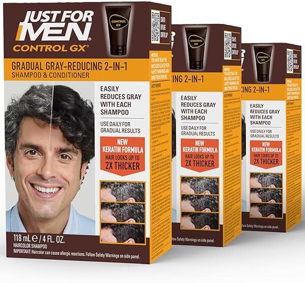 Just for Men Control GX Grey Reducing 2-in-1 Shampoo and Conditioner, Gradual Color with Keratin for Stronger Thicker and Healthier Looking, 4 Fl Oz - Pack of 3 - Product Image