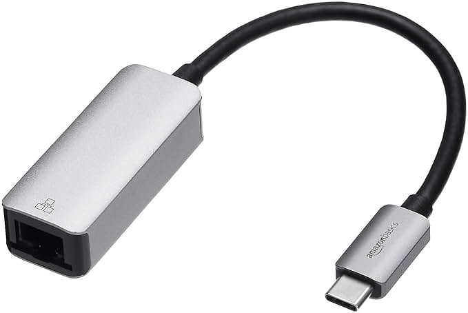 Amazon Basics Aluminum USB-C to RJ45 Gigabit Ethernet Adapter, Portable, Fast Network, Grey, 2.07 x 0.81 x 0.6 inches - Product Image