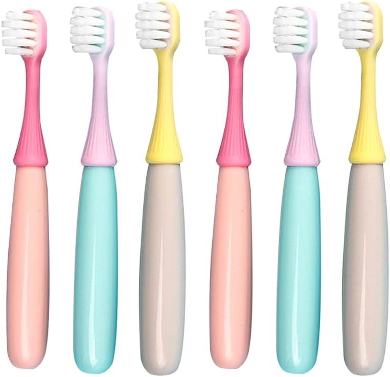 newrichbee 6 Packs Kids Toothbrush,Lovely Little Mushroom Extra Soft Bristles Toddler Toothbrush for 1-3Years Old (Pink& Yellow &Blue)… - Product Image