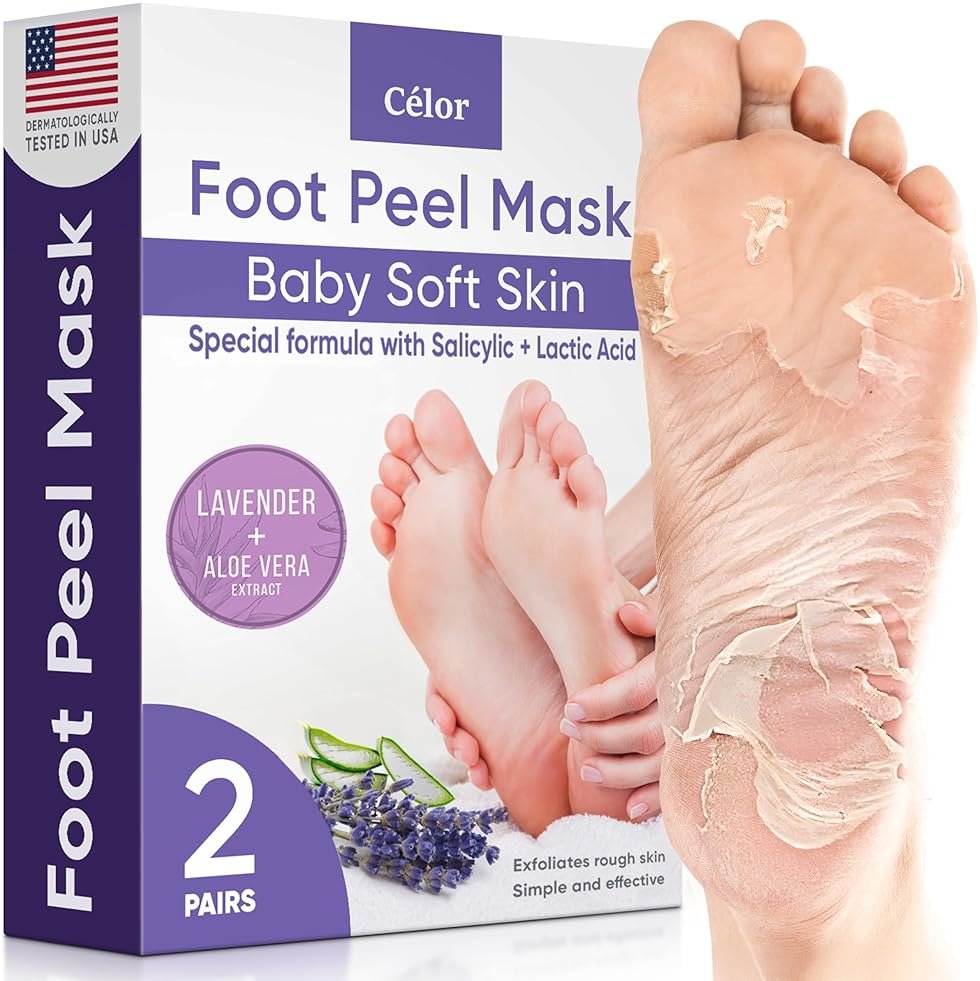 CÉLOR Foot Peeling Mask for Dry Cracked Feet | Foot Mask to Exfoliate Rough, Cracked, Dry Feet, Calluses for Soft Baby Feet Results | Made with Aloe Vera Extract for Women & Men (2 Pairs) | Lavender - Product Image
