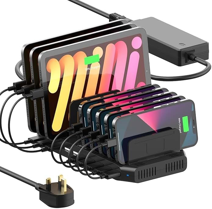 Alxum USB Fast Charging Station with Quick Charge 3.0, 10 Port Charging Stand for Multiple Devices, Compatible with iPad, iPhone, Samsung Galaxy, Black - Product Image