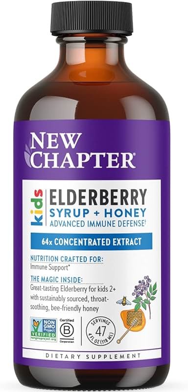 New Chapter Elderberry Kids Syrup, Advanced Immune Defense for Ages 2+, 64x Concentrated Elderberry, Sweetened with Throat-Soothing Grade A Honey, Non-GMO Project Verified, 4 Fl Ounce - Product Image