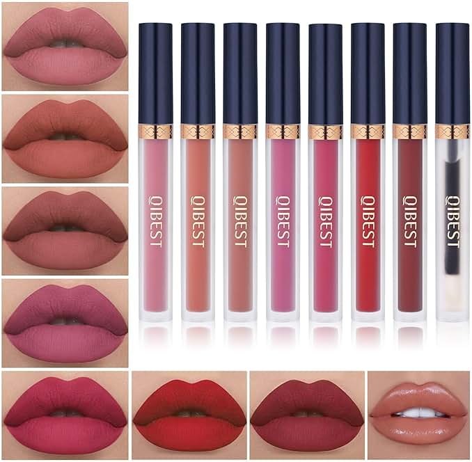 QiBest 7Pcs Matte Liquid Lipstick + 1Pcs Lip Plumper Makeup Set Kit, Pigmented Long Lasting Lip Gloss Set, Velvet Waterproof Halloween Lip Makeup Valentine's Day Gift Sets for Girls and Women - Product Image