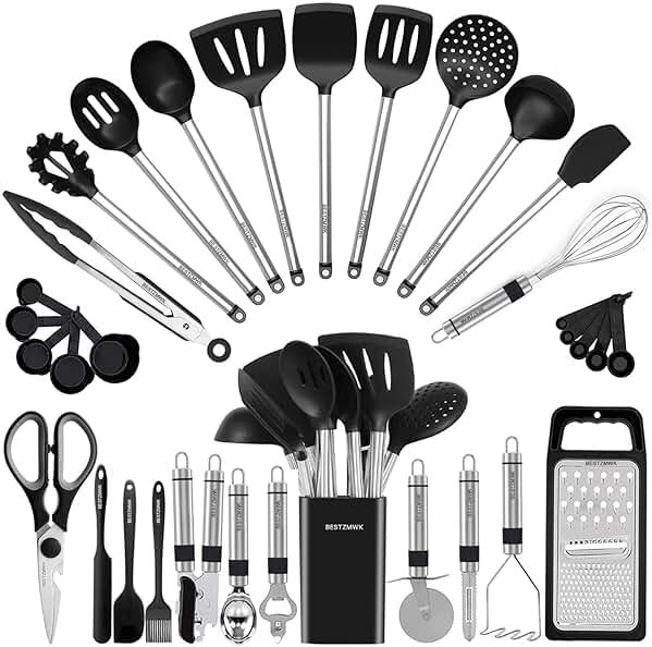 Kitchen Utensil Set-Silicone Cooking Utensils-33 Kitchen Gadgets & Spoons for Nonstick Cookware-Silicone and Stainless Steel Spatula Set-Best Kitchen Tools, Useful Pots and Pans Accessories - Product Image