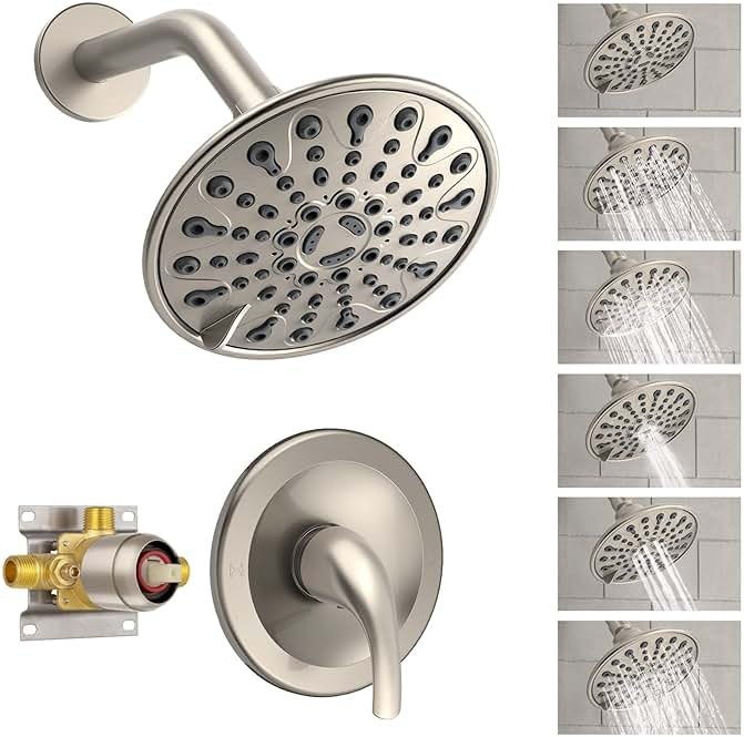 Brushed Nickel Shower Faucet Set, EMBATHER Shower Fixtures with 6 Inch Rainfall Shower Head, Single Handle Control Shower Valve and Trim Kit - Product Image