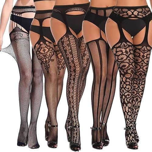SOUTHRO 5 Pairs Fishnet Thigh High Garter Stockings Patterned Tights for Women,Garter Belt Set & Suspender Pantyhose for Girl - Product Image