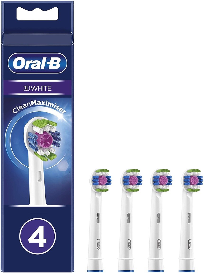Oral-B 3D White Electric Toothbrush Head with CleanMaximiser Technology, Angled Bristles for Deeper Plaque Removal, Pack of 4, White - Product Image