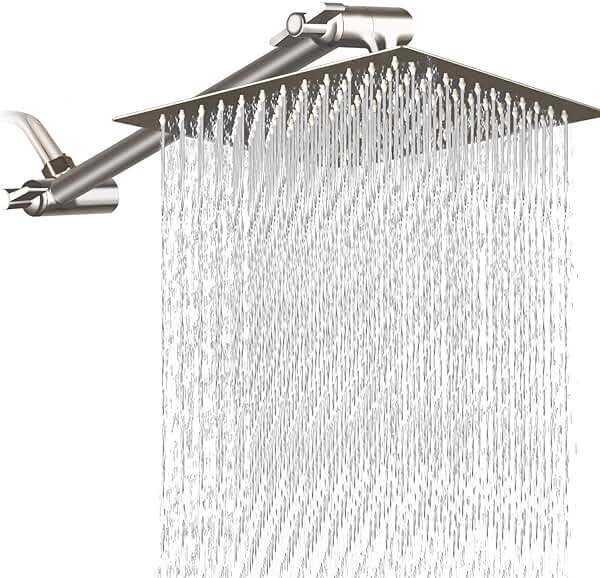 12 Inch Square Rain Showerhead with 11 Inch Adjustable Extension Arm,Large Stainless Steel High Pressure Shower Head,Ultra Thin Rainfall Bath Shower with Easy to Clean and Install-Brushed Nickel - Product Image