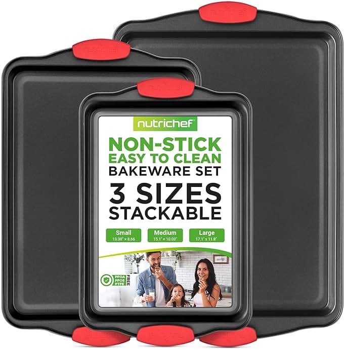 NutriChef 3-Piece Nonstick Kitchen Oven Baking Pans - Premium & Stylish Non-Stick Steel, Commercial Grade Restaurant Quality Metal Bakeware with Red Silicone Handles - Easy to Clean, NCSBS3S - Product Image