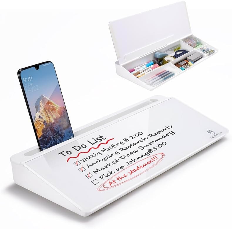 TSJ OFFICE Small Desktop Whiteboard -Glass Dry Erase Board Computer Keyboard Stand White Board Surface Pad with Drawer, Desk Organizers with Accessories for Office, Home, School Supplies - White - Product Image