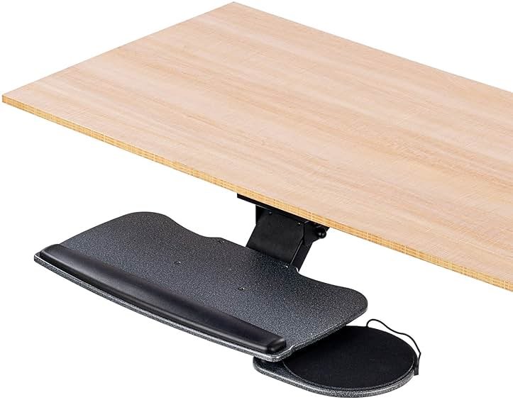 FERSGO Under Desk Keyboard Tray, 20" x 11" Tray, 17.75" Track, One Knob Control, Undermount Sliding Computer Keyboard and Mouse Tray with Wrist Rest, Swivels 360° with Adjustable Height and ±15° Tilt - Product Image