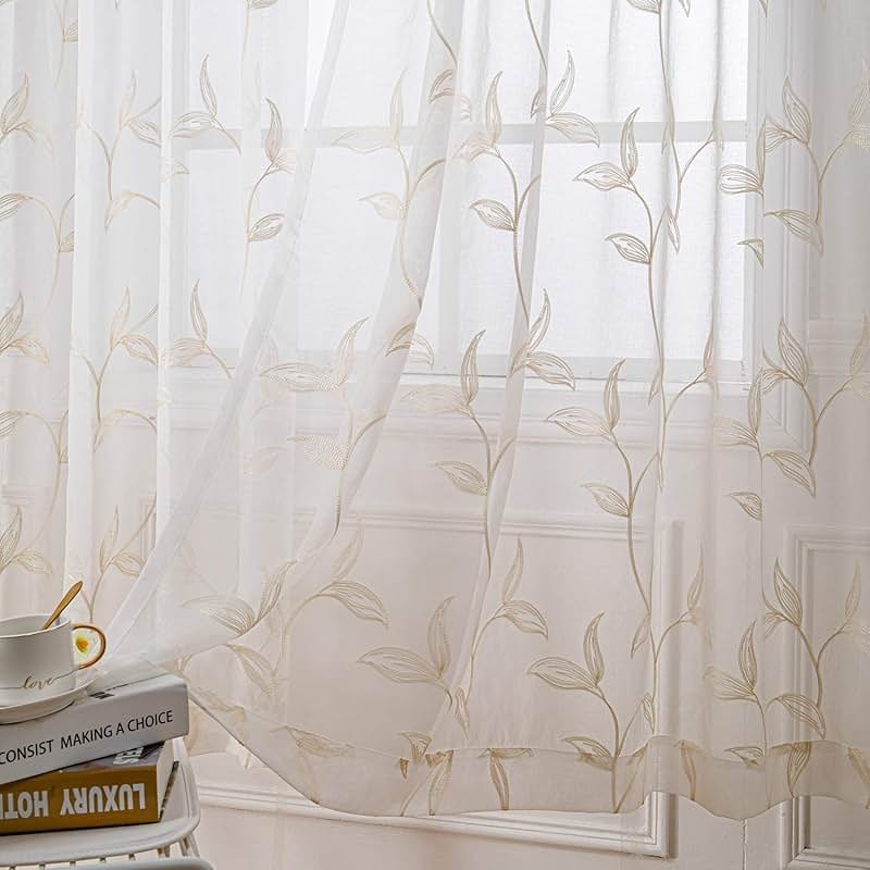 VISIONTEX Sheer Curtains 84 Inches Long 2 Panels Set Cream Beige Embroidered Floral Leaf Pattern Rod Pocket Semi Sheer Voile Window Curtains/Drapes for Bedroom Living Room 54 x 84 Inches - Product Image