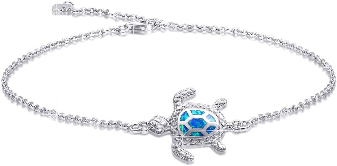 PUPILLEMON Blue Opal Sea Turtle Ankle Sterling Silver Anklet Fine Jewelry for Women Gifts 4 Level Adjustable Anklet (Large Bracelet) - Product Image