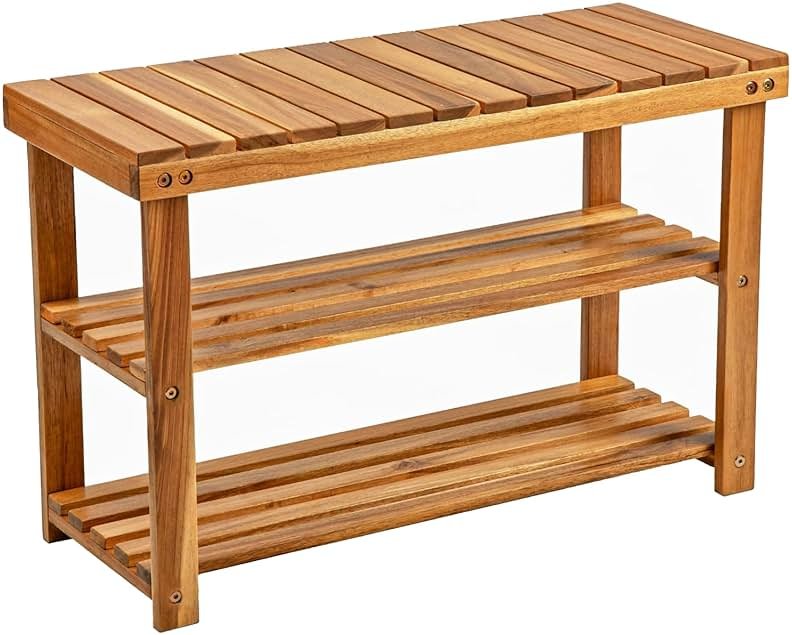 BEEFURNI Wooden Shoe Rack Bench, 3-Tier Wooden Shoe Organizer for Entryway, Aciaca Bench with Shelf, Solid Wood Shoe Storage Bench for Doorway, Hallway, 300 LBS, 1-Year Warranty, Natural Acacia - Product Image