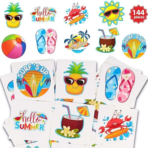Patelai 144 Pieces Summer Temporary Tattoos Beach Tattoos Hawaiian Luau Party Favors Tropical Waterproof Stickers Hello Summer for Beach Pool Party Decoration Supplies, 9 Styles - Product Image